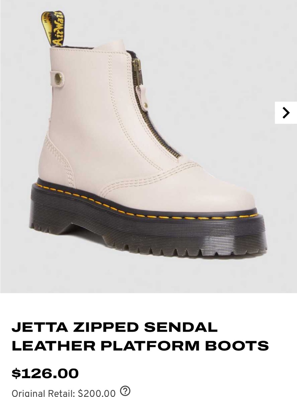 Dr. Martens Cream Leather Jetta Front-Zip Platform Boots